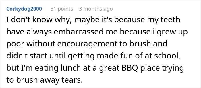 Reddit comment by Corkydog2000 discussing personal experiences and emotions related to dental embarrassment.