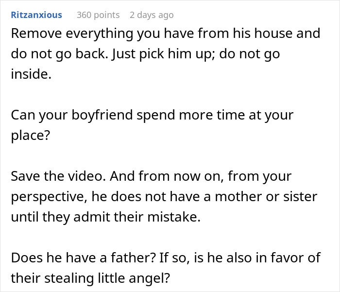 Online comment advising woman on boyfriend's sister stealing, mentioning video evidence.