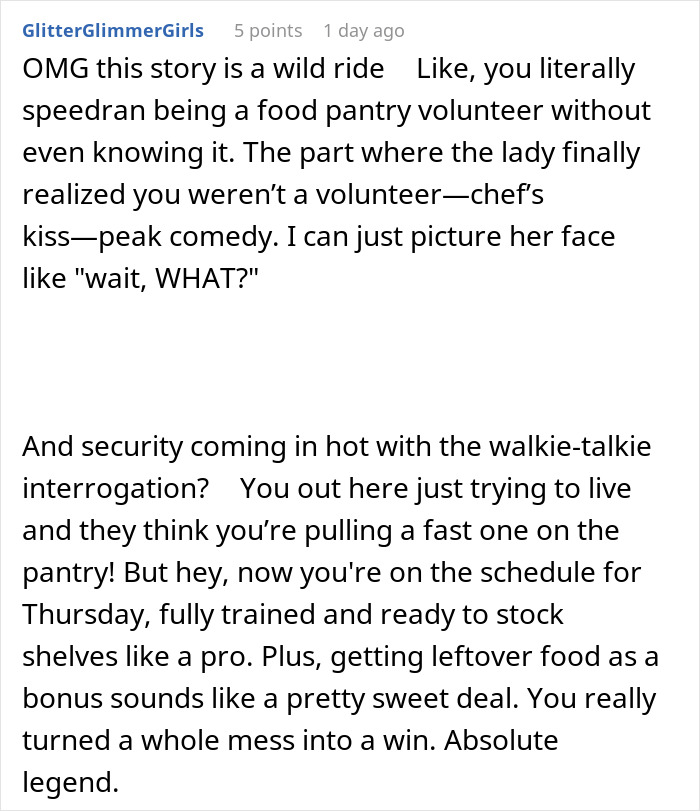 Text describing a humorous story about accidentally becoming a food bank volunteer.