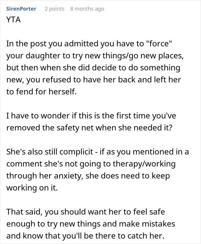 Reddit comment discussing a parent refusing to pick up their anxious daughter from a road trip.