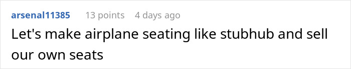 Text comment about airline seating and selling seats like StubHub.