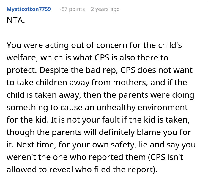 Text post justifying calling CPS about toddler tantrums and child's welfare.