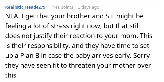 Comment defending mom&rsquo;s decision not to cancel her cruise amid family stress.