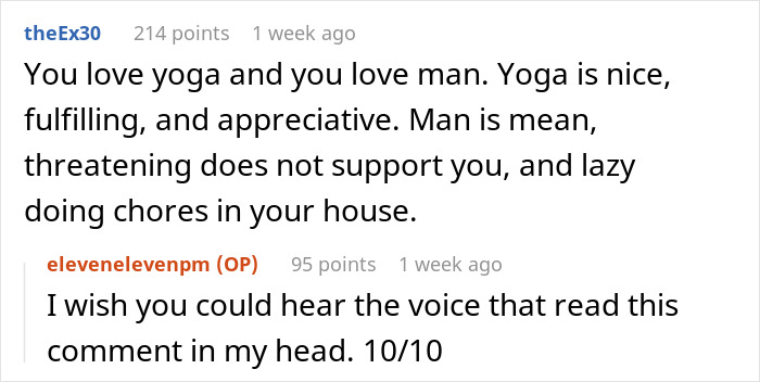 Comments discussing yoga, relationship issues, and personal insights with humor.