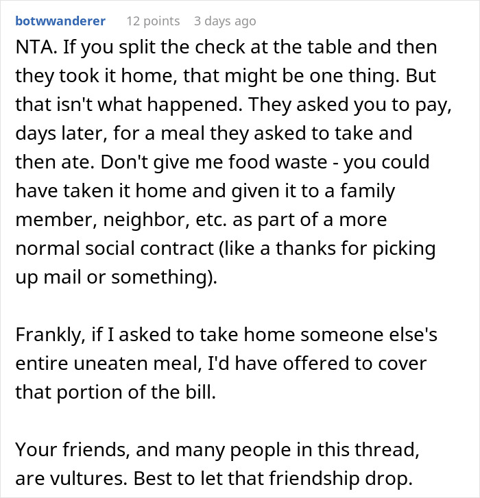 Reddit comment discussing a woman refusing to pay for a meal friends took home.