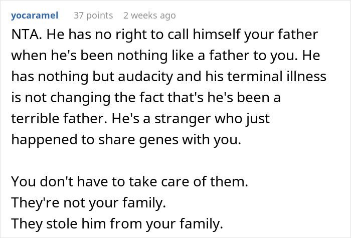 Text from online forum discussing deadbeat father and family responsibilities.