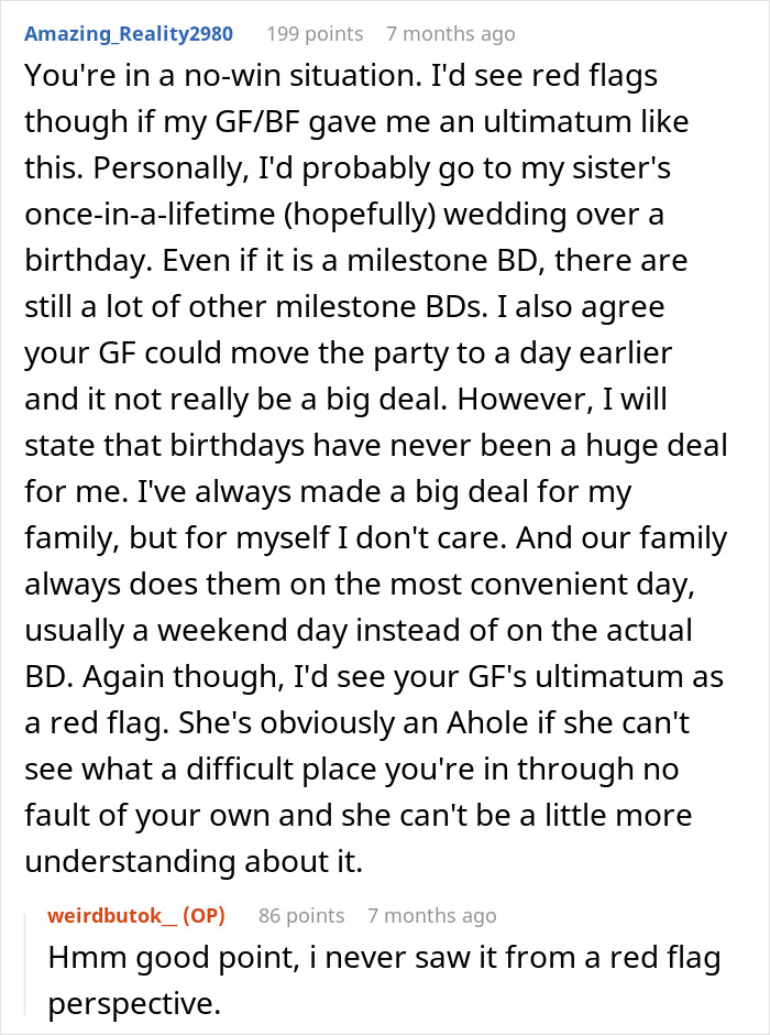 Reddit comment discussing relationship ultimatum issued to boyfriend over a birthday party decision.