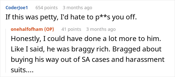 Comments discussing a toxic boss and alleged misconduct, mentioning wealth and legal issues.