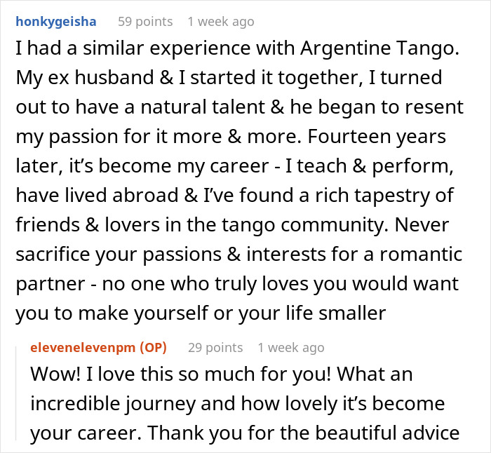 Reddit comment about choosing passion over marriage, featuring Argentine Tango story.