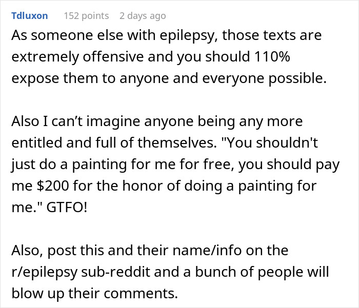 A screenshot discussing the exposure of an entitled influencer demanding free art and payment.