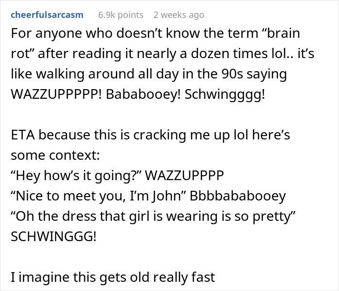 Text post about "brain rot" language, comparing it to 90s catchphrases like WAZZUPPPP and Bababooey.