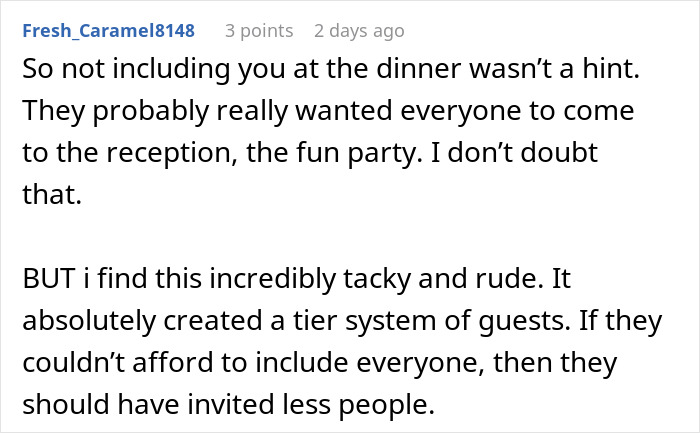 Reddit comment discussing a woman feeling weird about being excluded from wedding dinner.