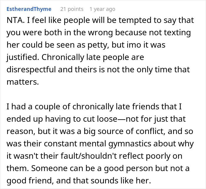 Text from a user discussing issues with friends who are chronically late and its impact on relationships.