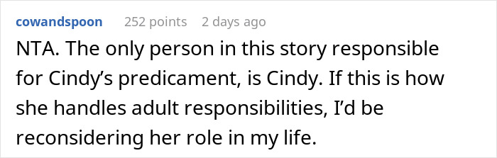 Comment discussing responsibility in a job situation, mentioning Cindy's lateness.