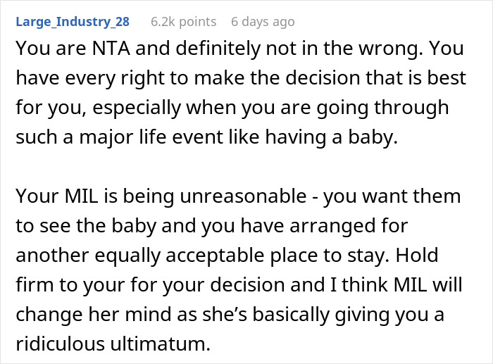 Text discussing MIL upset about not sleeping over after DIL's birth, advising firm decision on alternative arrangements.