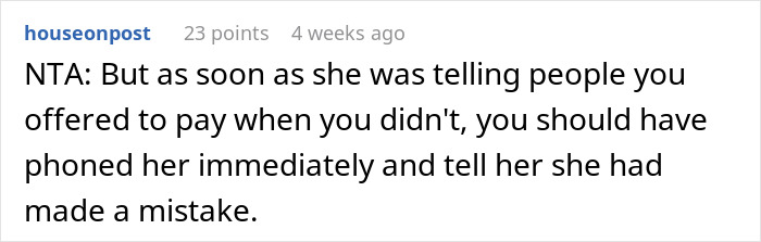 Reddit comment criticizing an entitled sister, suggesting immediate clarification about a payment misunderstanding.