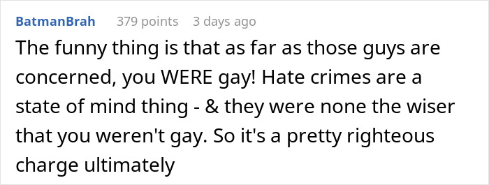 Reddit comment discussing a hate crime charge involving mistaken identity and gay bar customers.