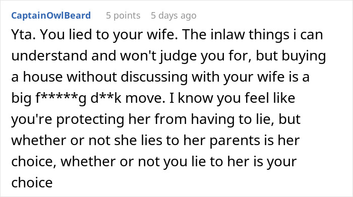 Text comment criticizing a partner for buying a house secretly to outbid in-laws, mentioning dishonesty.