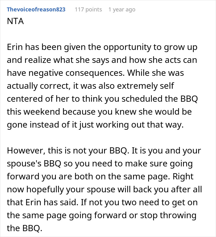 Text post discussing consequences and self-centered behavior in a family BBQ context.