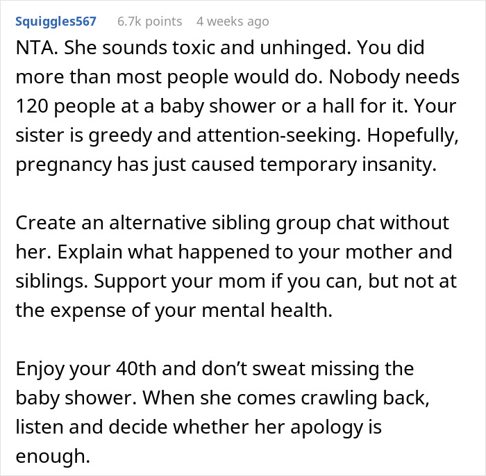 Reddit comment discussing a man's conflict with his entitled sister over a baby shower.