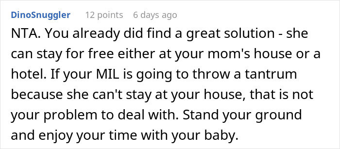 Comment advising DIL on MIL not allowed to sleep over after birth, suggesting alternatives for MIL's stay.