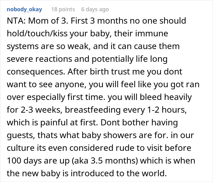 Comment discussing mother's experience post-birth and advising against visitors for newborns due to weak immune systems.