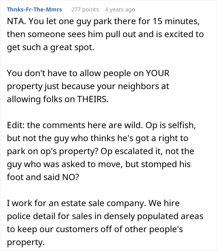 Text discussing a yard sale leading to police involvement due to parking disputes.