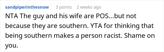 Reddit comment about offensive tattoo, discussing opinions on southern stereotypes and criticism of assumptions.