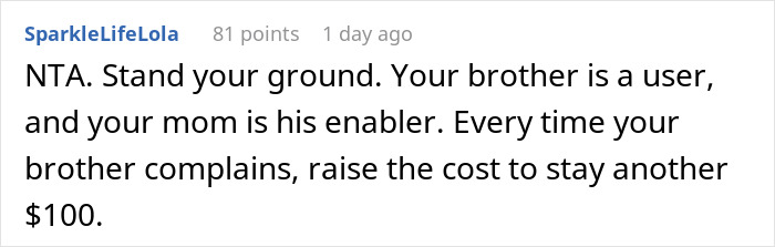 Comment on a forum about asking brother to pay for using family cabin.