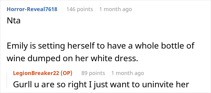 Comments discuss wearing white to a wedding, with one suggesting wine could be spilled on the white dress.