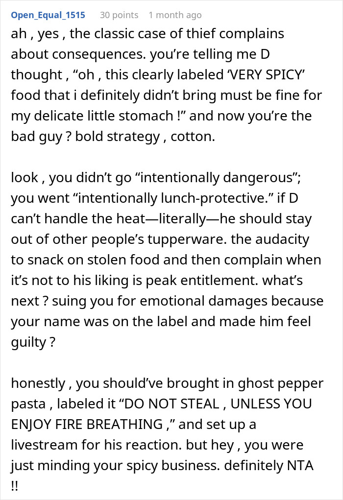 Comment discussing spicy food labeled with warning and a thief's complaint about an upset stomach.