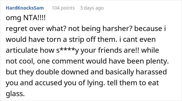 Text conversation defending a woman accused by friends, discussing their inappropriate behavior and assumptions.