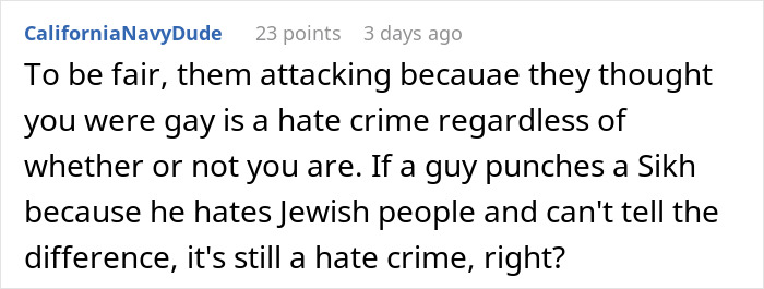 Comment discussing hate crime and mistaken identity in response to homophobic attack.