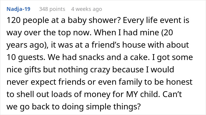 Comment about extravagant baby showers in online discussion.