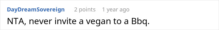 Comment discussing vegan shaming in family BBQ context.