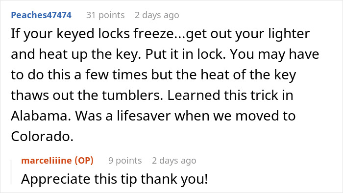 Reddit comments about key tricks for frozen locks, discussing a heating method for thawing tumblers in cold climates.