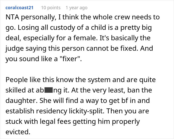 Reddit comment discussing custody loss and residency issues, focusing on 18YO moving out with BF.