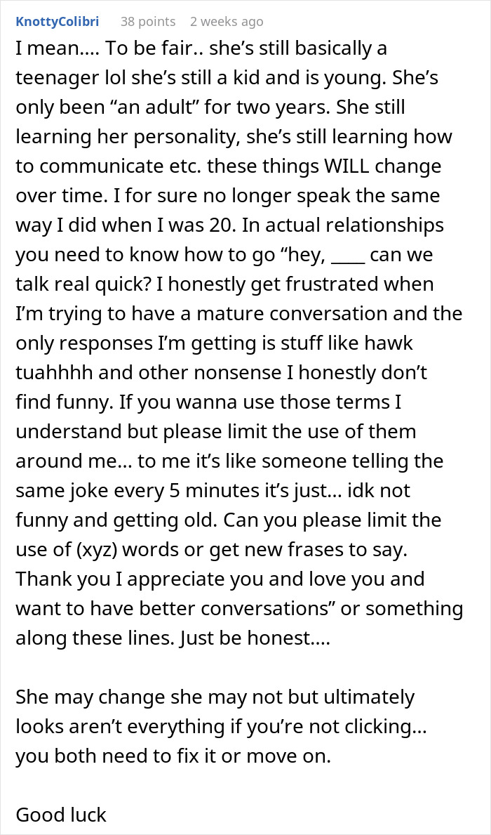 Text conversation discussing issues with partner's "brain rot" speak and communication challenges.