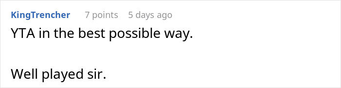 Text comment with humor about outbidding in-laws: "YTA in the best possible way. Well played sir.