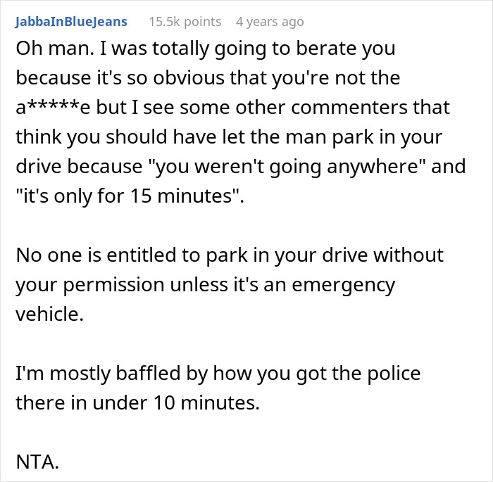 Comment discussing unauthorized driveway parking and police intervention.