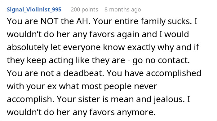 User comment discussing issues with family, calling a woman not a deadbeat mom.