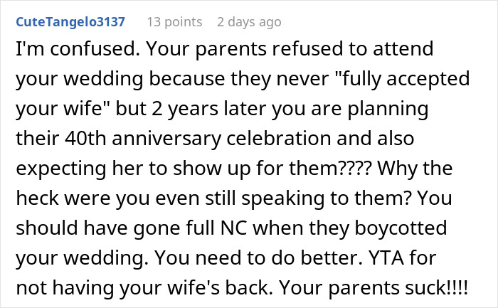 Comment discussing parental disrespect towards their daughter's wife and the consequences.