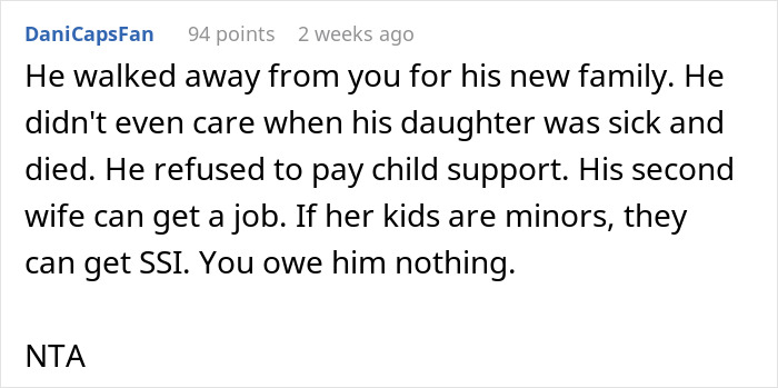 Reddit comment criticizing a deadbeat father's neglectful actions towards his family.