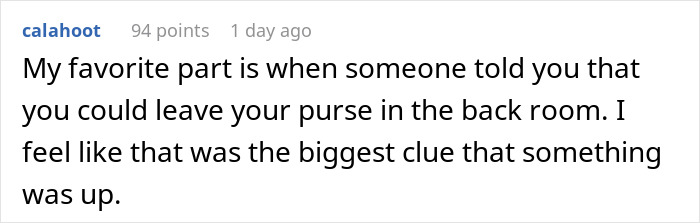 Comment about a humorous experience at a food bank, mentioning a purse left in a back room.