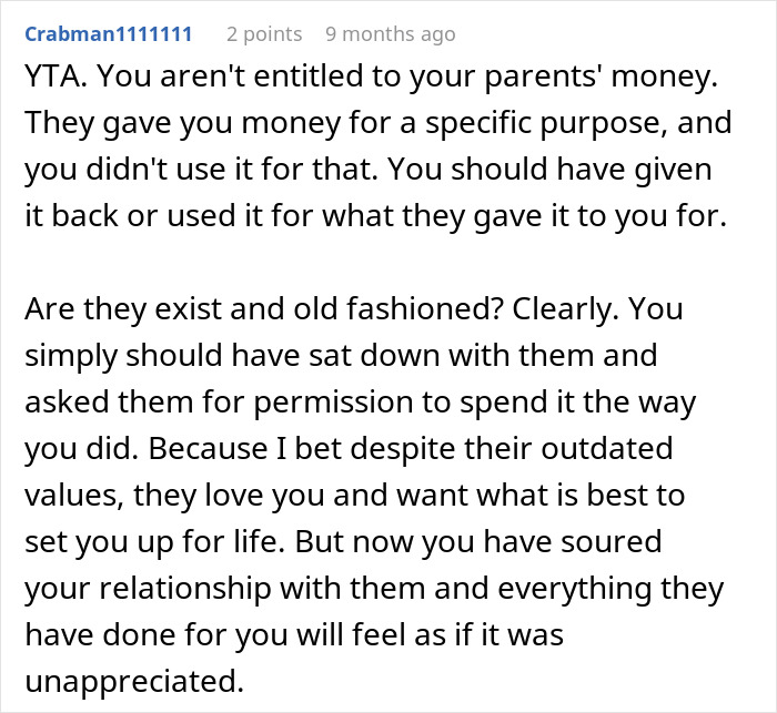 Text screenshot discussing entitlement to parents' money for a wedding.