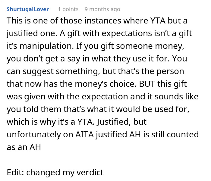 Reddit comment discussing accepting money for wedding, expectations, and AITA judgment.