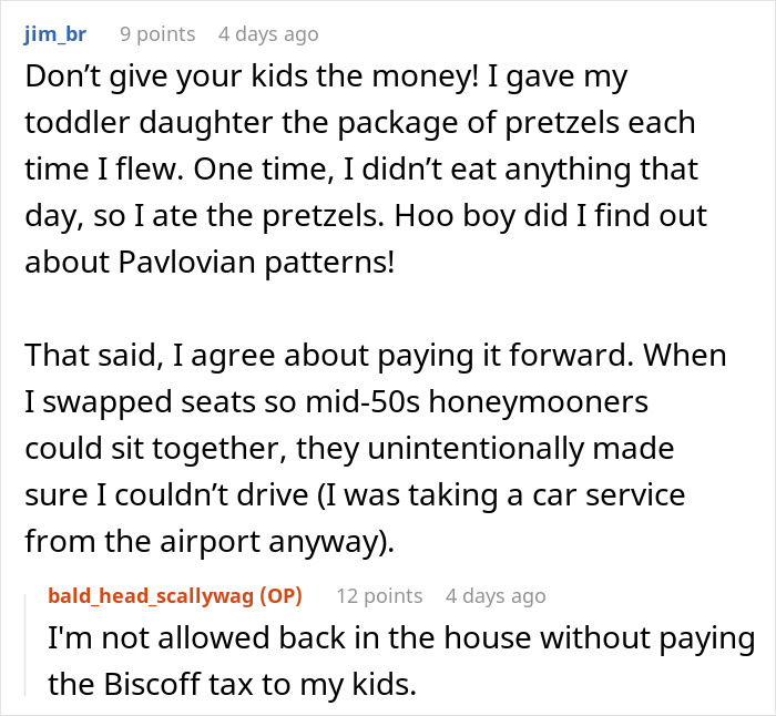 Online discussion about swapping seats on a flight, involving humor and generosity stories.