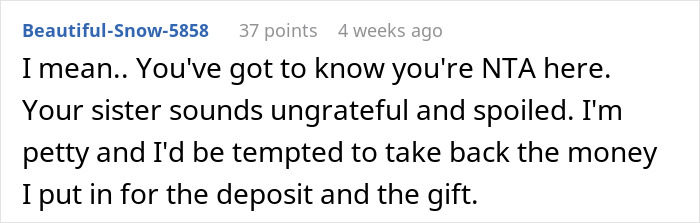 Comment discussing a man's ungrateful sister related to a baby shower conflict.