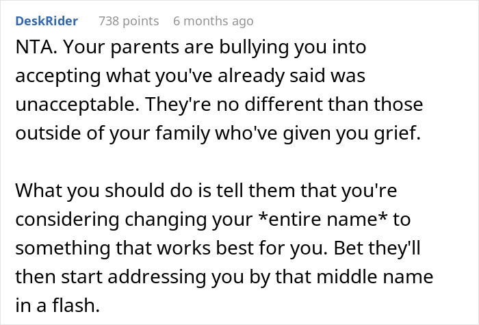 Reddit comment discussing parental pressure about name choice and advice on considering a name change.