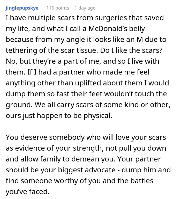 Text discussing scars and partner's support in relationship context.